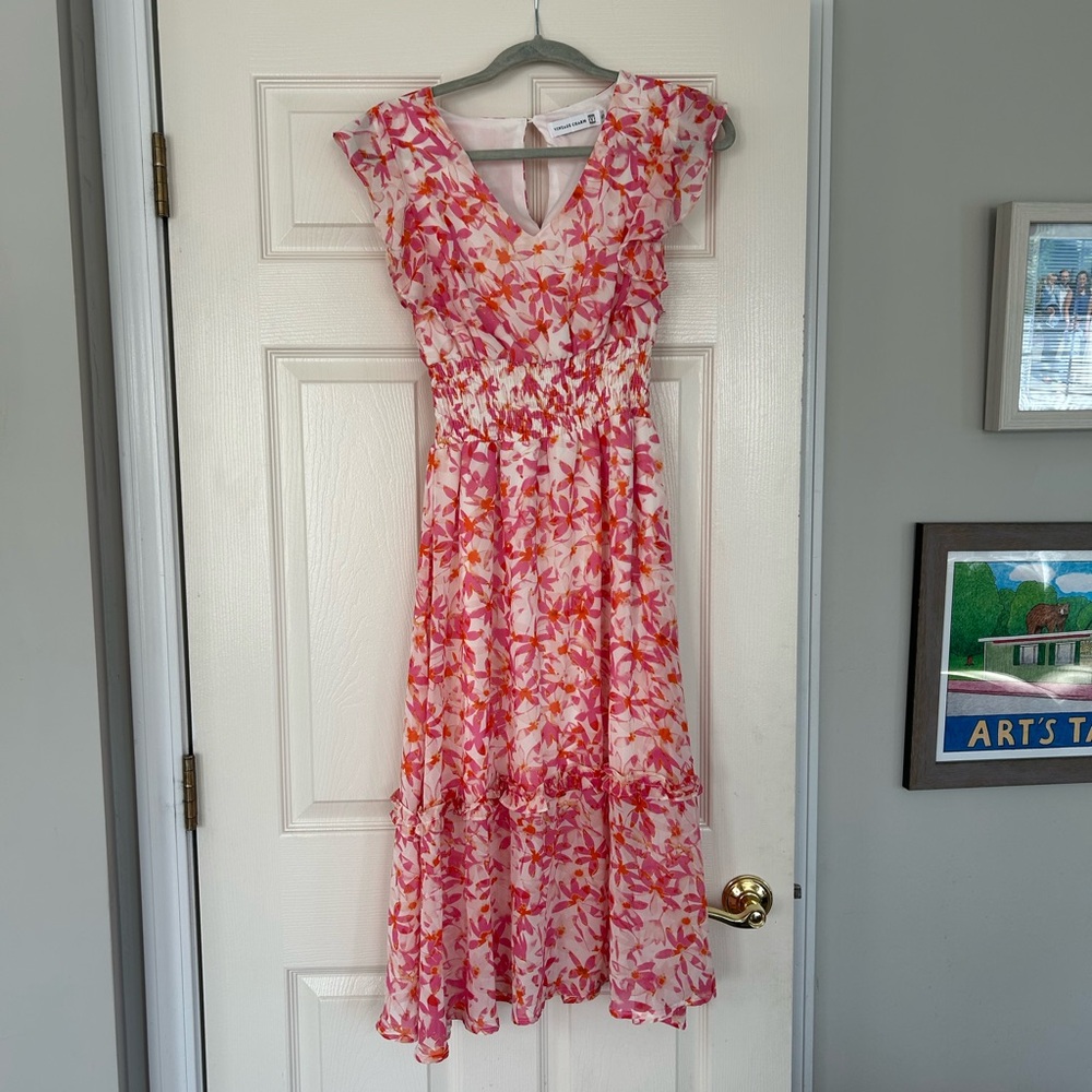 Floral Pink and Orange V-Neck Dress